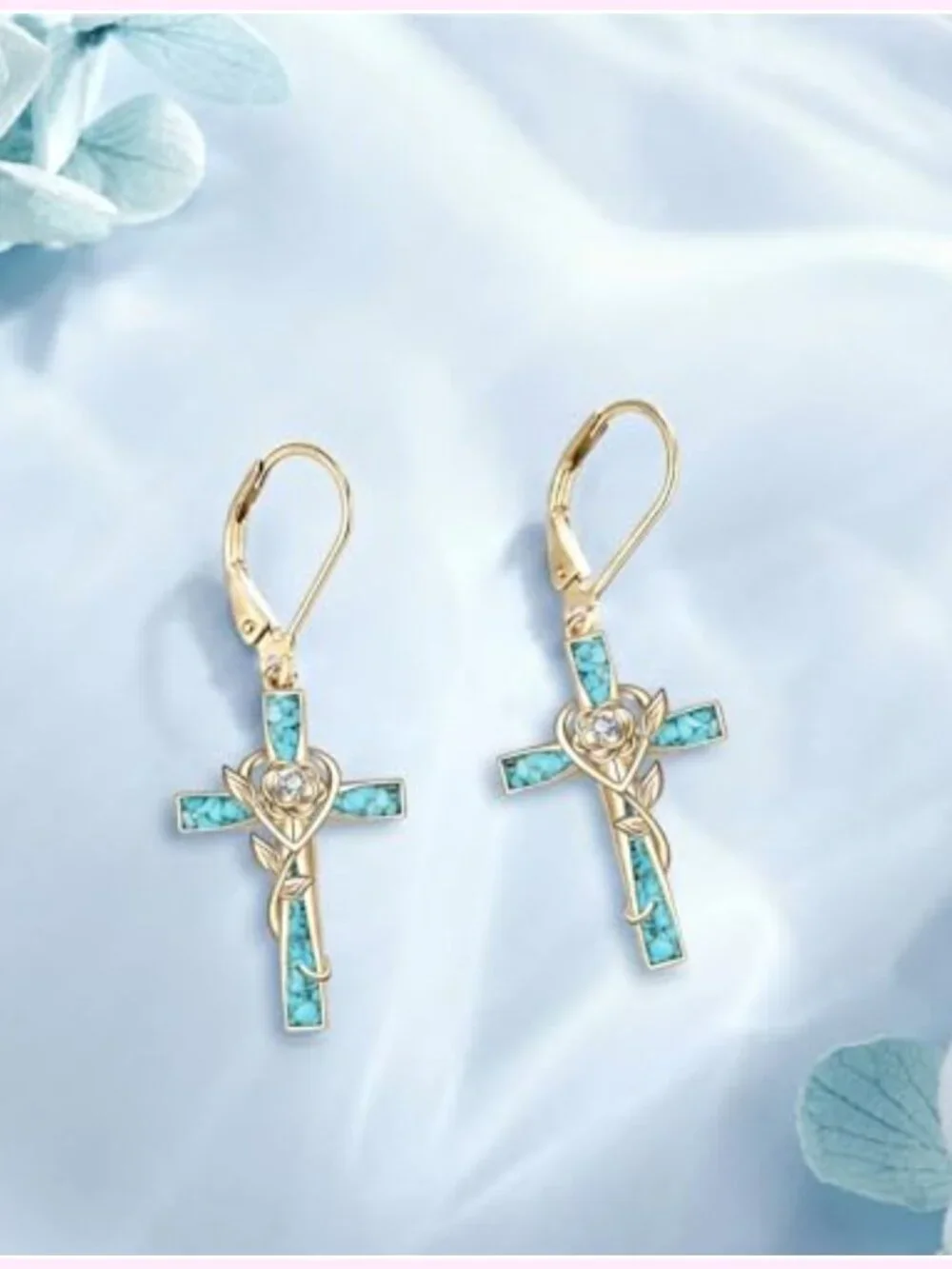 18k Gold Plated Rose Cross Turquoise Dangle Earrings Faith Jewelry Gift for